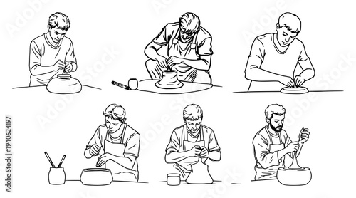 Sculptor set with continuous line drawing of a person sculpting clay featuring hand, wrist, sculpture with minimalist style and black stroke