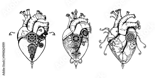 Mechanical heart set with ornate Victorian line art featuring mechanical heart, industrial romance aesthetic, detailed engraving with white background and line detailing