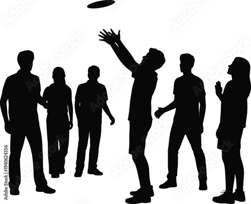 Friends playing frisbee silhouette with group of people throwing and catching flying disc in minimalist black vector style for recreation.
