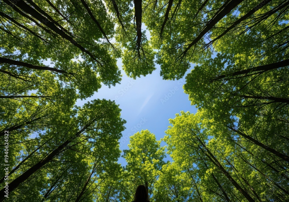 Obraz premium tall trees with green leaves reaching blue sky, forest canopy, nature scenery, sunlight