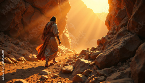 Scene from the Bible with Moses walking through rocky terrain illuminated by sunlight.