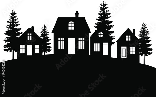 Village houses silhouette with pine trees on hill landscape in minimalist black vector style representing countryside homes, rural living and peaceful nature.