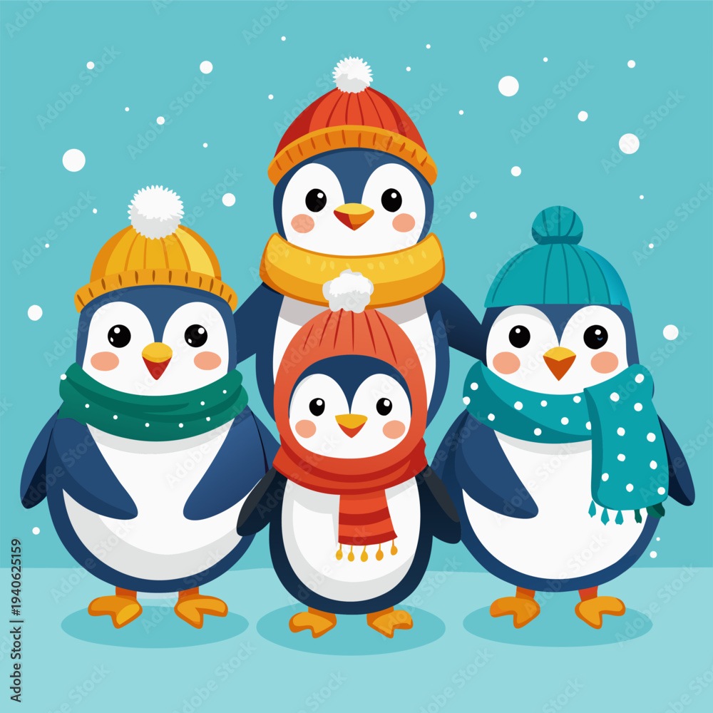Fototapeta premium Cute Cartoon Penguin Family Wearing Hats and Scarves
