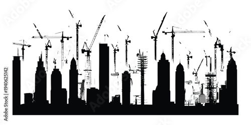 City skyline silhouette with construction cranes, illustration