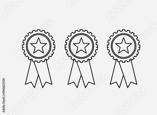 Champion reward, award trophy, best prize, outline icons. Line signs badge, medallion rosette with star and ribbon copy.eps