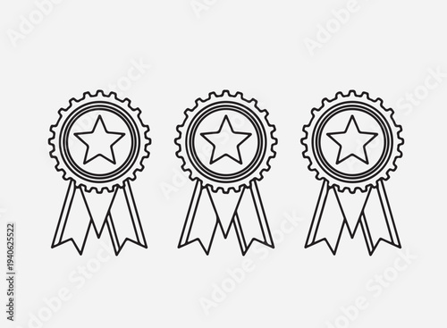 Champion reward, award trophy, best prize, outline icons. Line signs badge, medallion rosette with star and ribbon copy.eps