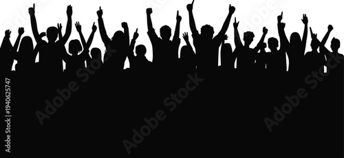 Cheering crowd silhouette with raised hands celebrating at concert or festival in minimalist black vector style representing excitement, celebration and audience energy.
