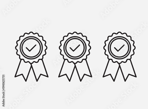 Champion reward, award trophy, best prize, outline icons. Line signs badge, medallion rosette with star and ribbon copy.eps