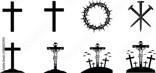 Christian cross silhouette set with Jesus crucifixion icons and crown of thorns isolated on white background for religious Easter holiday design