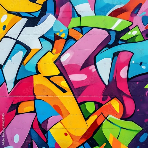Vibrant Graffiti Mural with Bold Colors and Dynamic Shapes Covering a Brick Wall Surface