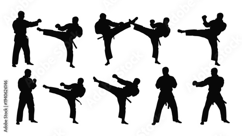 A group of people performing various martial arts kicks and punches