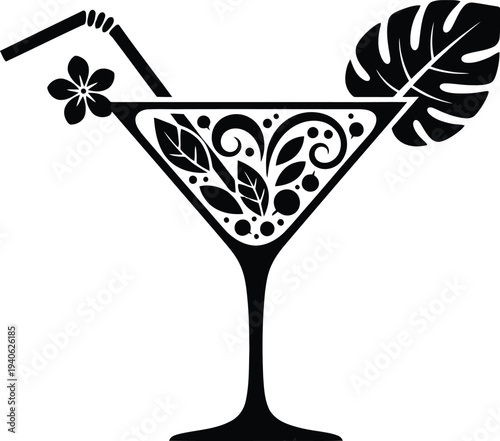 Black martini glass with floral and tropical leaves floral tropical leaves cocktail glass