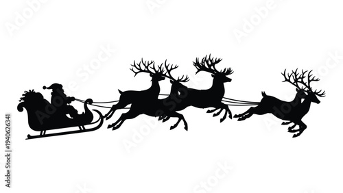 Santa claus rides through the sky in his sleigh pulled by reindeer
