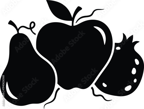 Black silhouettes of pear, apple, and pomegranate on white background fruit