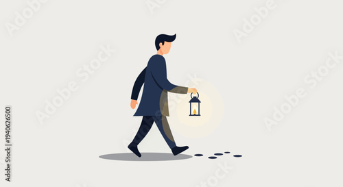 Man walking with lantern casting light on his path with footprints behind