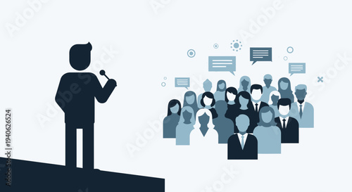 Speaker addressing a large audience with speech bubbles indicating discussion and communication during a presentation