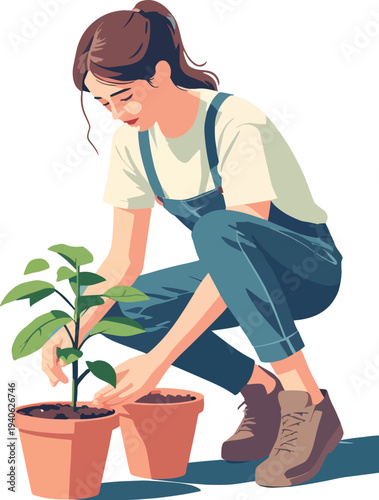 uomo donna coltiva le piante vasi di fiori vettoriale