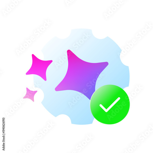 Modern vector illustration of gear with AI sparkle symbol, check mark. automated processing, artificial intelligence workflow, smart automation, successful AI powered system operations