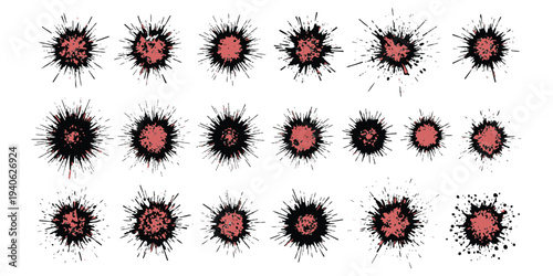 A set of ink or blood splatters in black and red on a white background, useful for graphic design