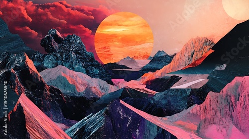 Surreal abstract landscape with jagged mountains and a large orange sun under a dramatic sky