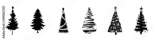Collection of nine festive black and white christmas icons. A diverse collection of nine different stylized christmas tree icons silhouettes for holiday design, vector illustration.
