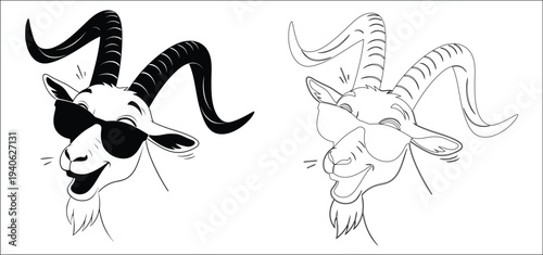 Black and white illustration of a goat head with horns and a sketch of a ribcage