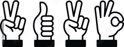 Hand gesture icon set showing peace sign, thumbs up and OK symbol in minimalist outline vector style for communication and expression.