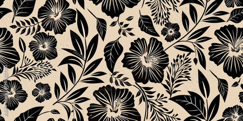 Elegant black floral pattern featuring hibiscus and lush tropical foliage