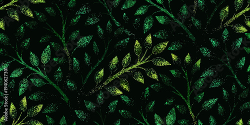 Bilde på lerret A dark glittering pattern of green leaves and delicate branches