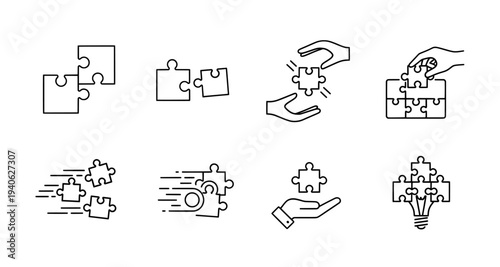 Puzzle icons set with hands and light bulb for solution concept
