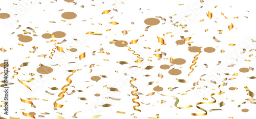 Gold confetti flying for celebrate isolated on transparent background. Gold confetti and streamers isolated on transparent background, vector illustration.