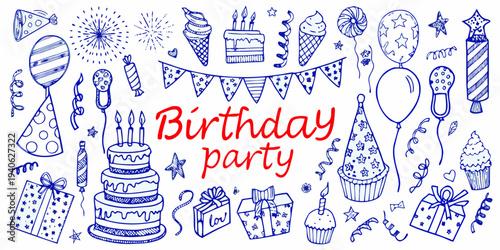 Hand drawn birthday doodles including cakes balloons and party decorations