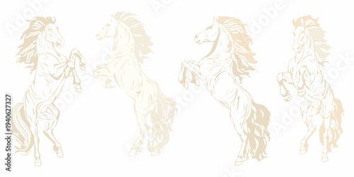 Elegant line art depictions of four rearing horses in various poses