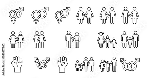 Gender icons set with orientation symbols and diverse family figures
