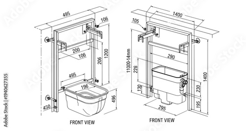 Technical drawing of adjustable sanitary frame installation with precise dimensions
