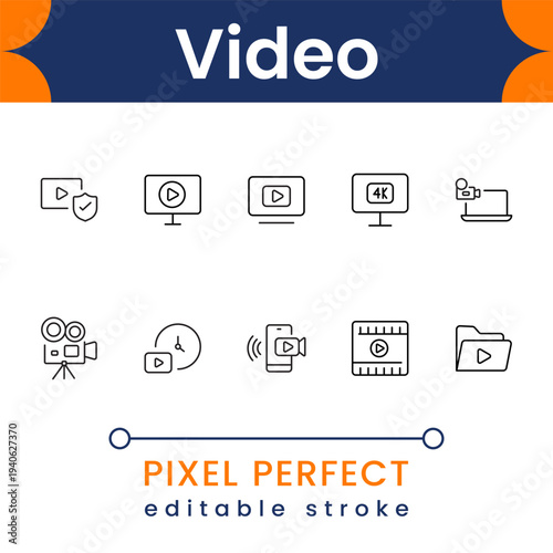 Flat video icon collection with media player, camera recording and streaming playback symbols clean modern vector set