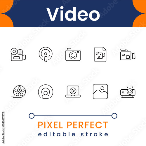 Flat video icon collection with media player, camera recording and streaming playback symbols clean modern vector set