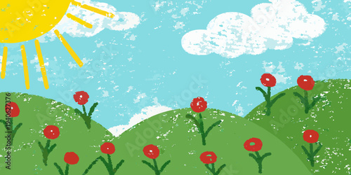 A child s crayon drawing depicts a bright sun fluffy clouds and flowers