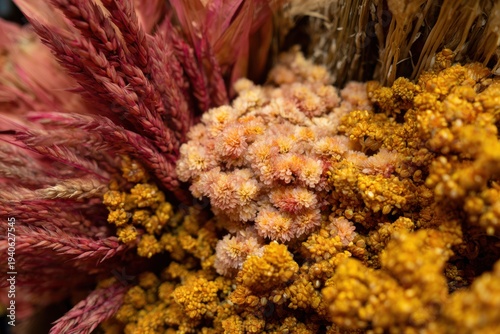 A bouquet features various dried grains and flowers showcasing warm golden tones typical of the harvest season.