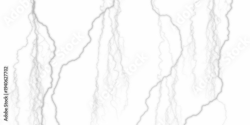 Dramatic Electric Lightning Strikes Abstract Pattern on withe Background. Lightning Effect Overlay, Isolated Electric Thunderstorm Bolt Strikes on Background.