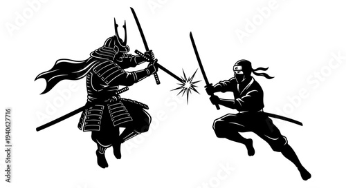 Japanese samurai and ninja duel vector illustration, black and white warrior silhouette fighting with katanas, ancient martial arts battle scene
