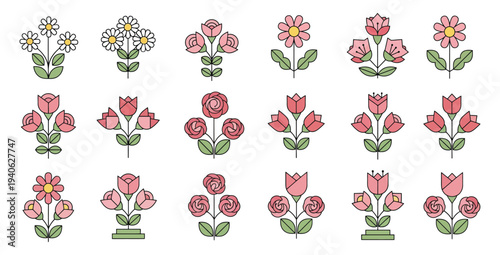 Collection of colorful stylized floral icons featuring various arrangements of blooming roses and simple daisies perfect for graphic design projects
