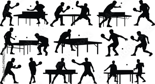 Table tennis player silhouettes set with ping pong athletes playing at table, sport action poses vector illustration collection
