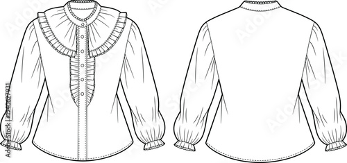 Women Ruffle Collar Blouse Technical Fashion Flat Sketch Front and Back View Apparel Design Template Vector Illustration