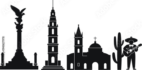 Mexico City Landmarks Silhouette Angel of Independence Cathedral Cactus and Mariachi Mexican Culture Skyline Vector Illustration