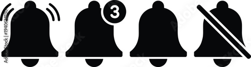 Four bell notification icons showing different states of alerts sound