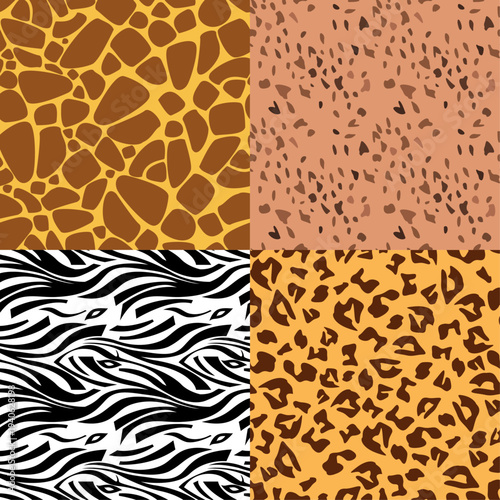 Set of seamless animal skin patterns including zebra, giraffe, hyena, and leopard fur textures. Flat vector illustration for textile and background.