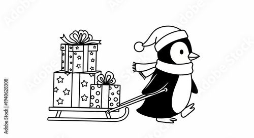 Penguin in santa hat pulling sled with christmas gifts