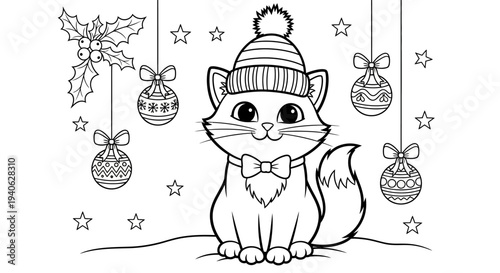 A cute cartoon cat in a festive holiday setting with ornaments and stars