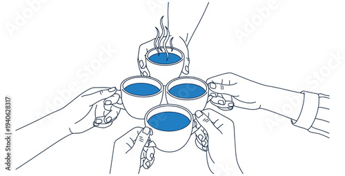 Five diverse hands gently clinking steaming hot beverage cups together for a cheerful morning meeting or friendly social break illustration